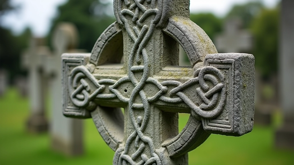 Detailed Celtic carving on ancient Monasterboice cross showing intricate knotwork patterns and Christian symbols