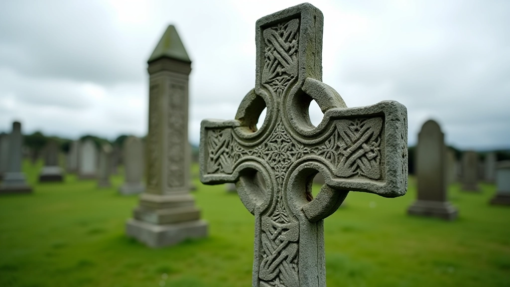 Ancient stone carved high cross in green cemetery with weathered detail visible