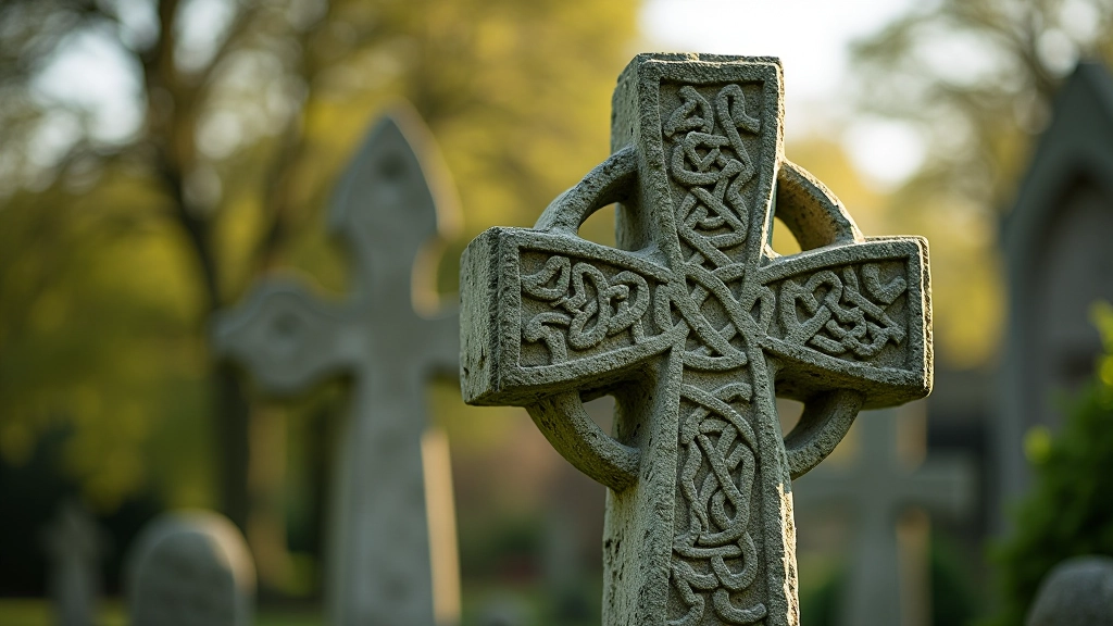Detailed view of geometric Celtic interlace patterns carved into stone cross arms with interwoven design