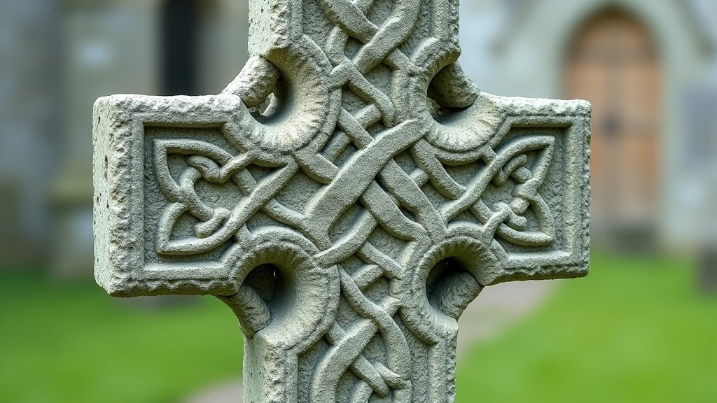 Close-up detail of Celtic knotwork carved into ancient stone high cross surface