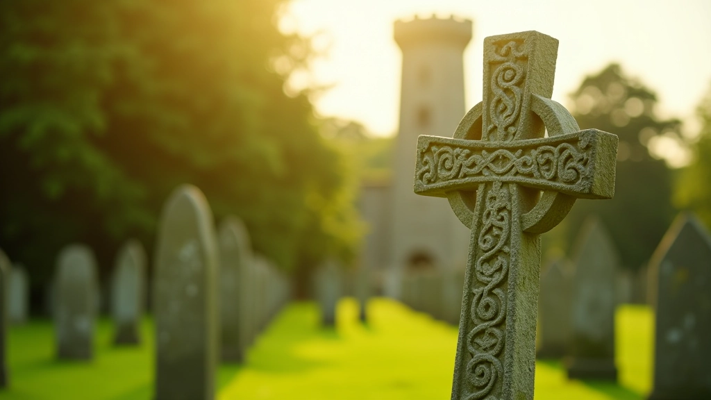 Ancient high cross carved with Celtic patterns standing in green churchyard with round tower visible in background