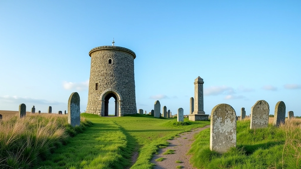 Historic round tower standing tall in Irish countryside with cemetery grounds below