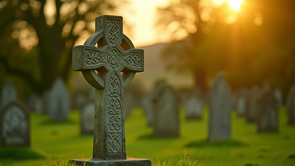 Ancient carved stone high cross standing in peaceful green churchyard with Celtic patterns visible on weathered surface