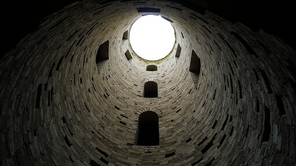 Interior view looking up inside round tower showing conical stone ceiling and interior shaft