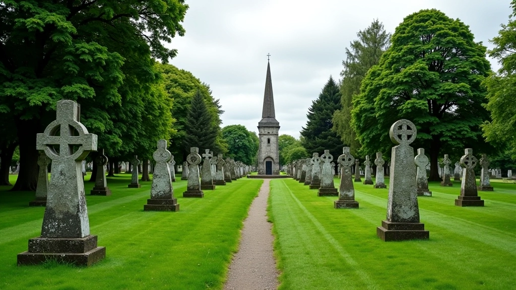 Peaceful Irish churchyard with ancient stone crosses and mature trees, overcast sky, green grass, historic cemetery grounds