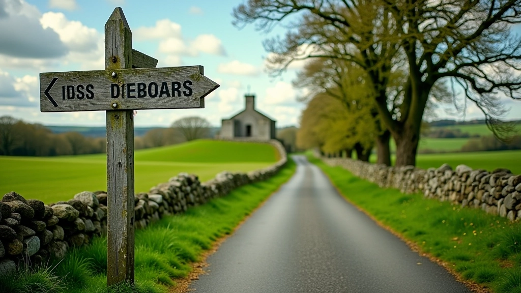 Country lane with signpost pointing toward historic site, green fields, stone wall, rural Irish landscape, morning light