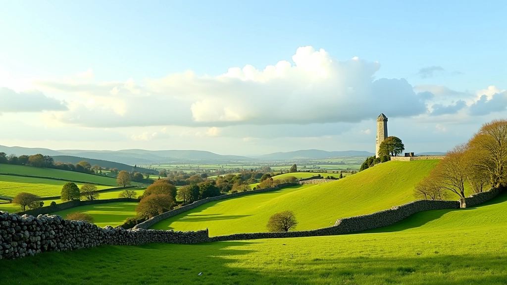 Wide view of medieval Irish countryside with scattered farms, stone walls dividing green fields, distant hills under blue sky