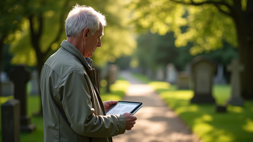 Person standing on peaceful graveyard path reading information plaque, ancient crosses visible among trees